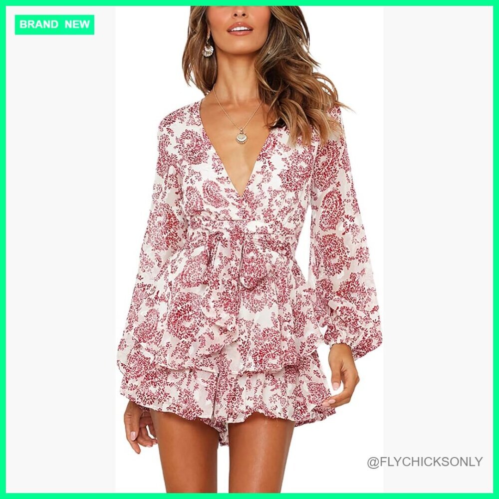Floral Print Deep V-Neck Romper with Ruffle Hem and Waist Tie